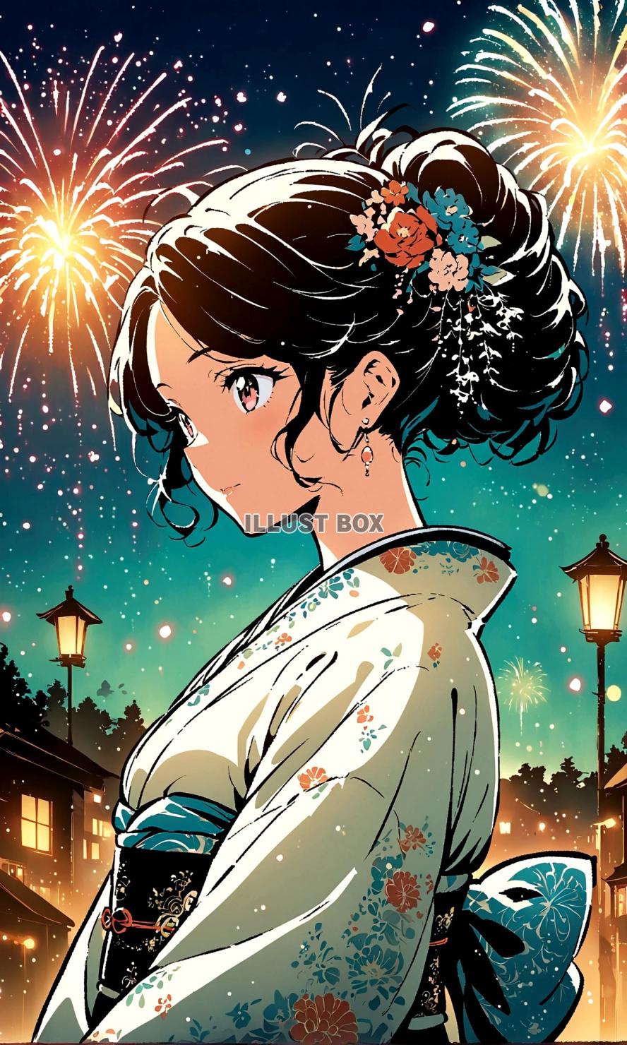 女子高生　イラスト　 夏休みと 花火