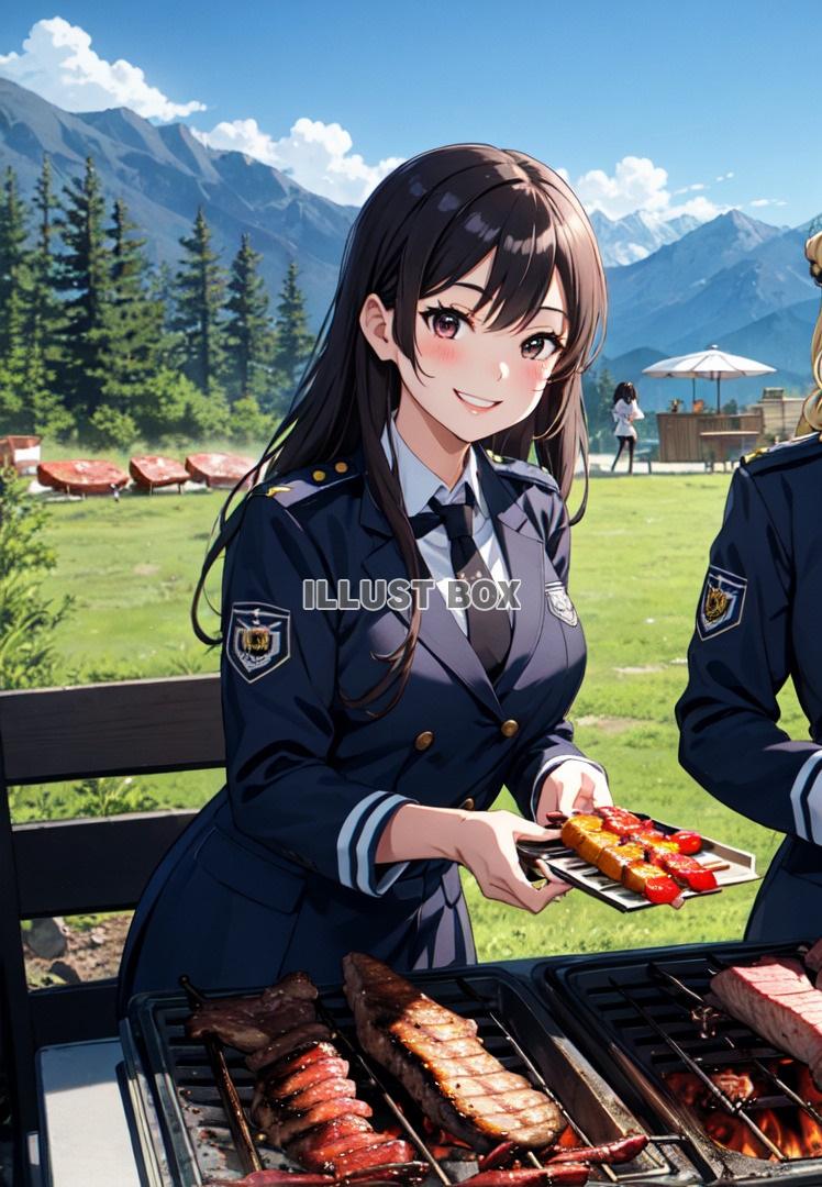 女子高生　イラスト夏休みにキャンプでバーベキュー