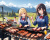 女子高生　イラスト夏休みにキャンプでバーベキュー