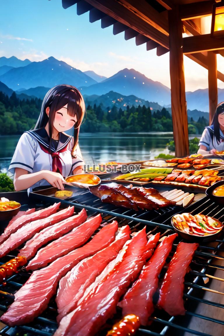 女子高生　イラスト夏休みにキャンプでバーベキュー