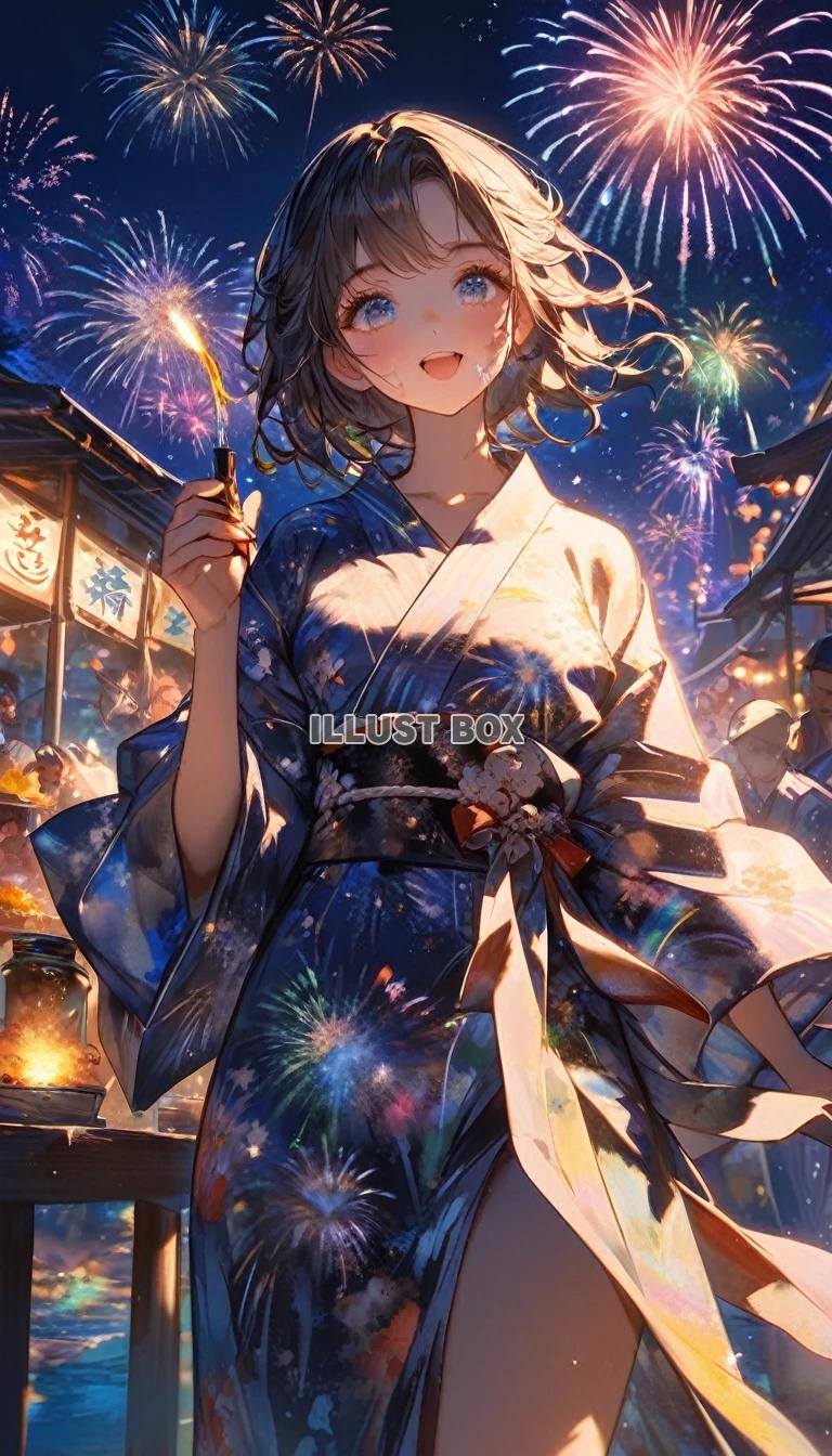 女子高生　イラスト　 夏休みと 花火