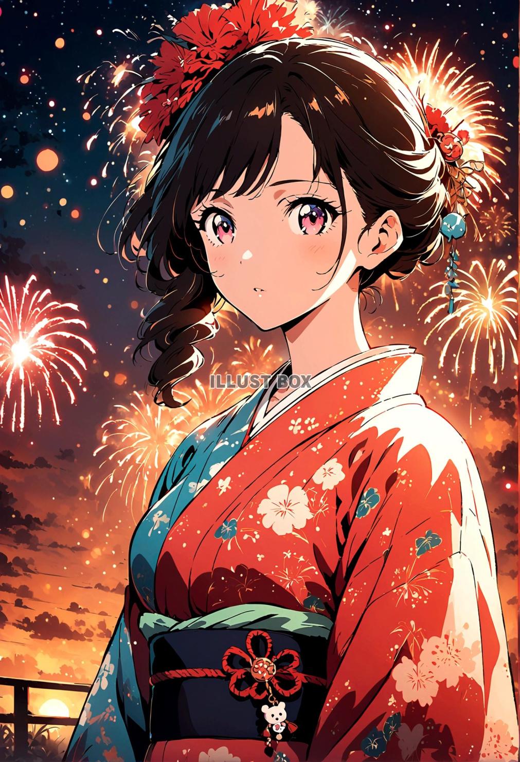 女子高生　イラスト　 夏休みと 花火