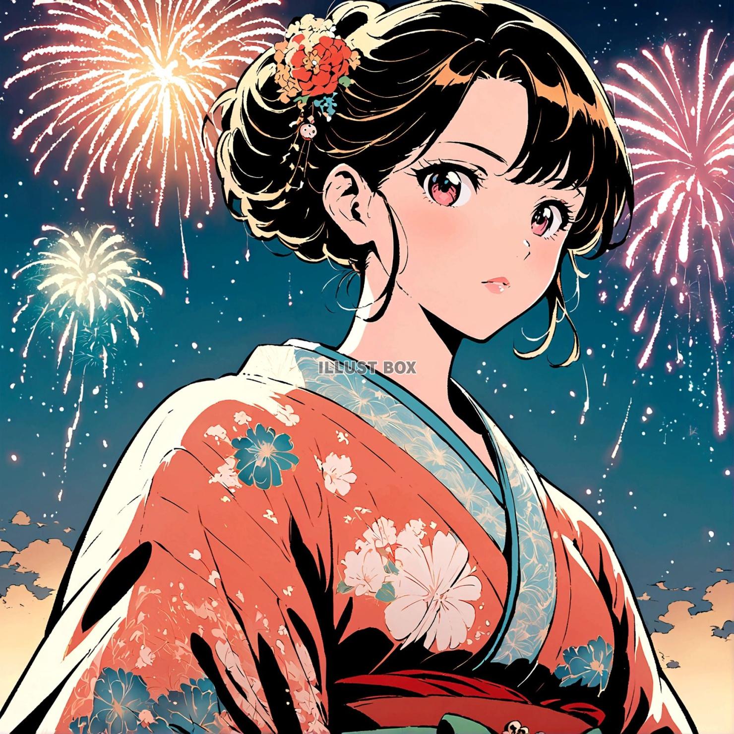 女子高生　イラスト　 夏休みと 花火