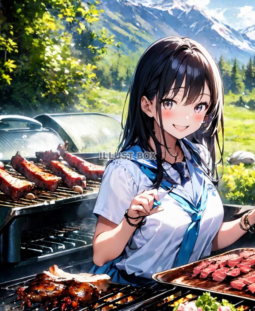 女子高生　イラスト夏休みにキャンプでバーベキュー