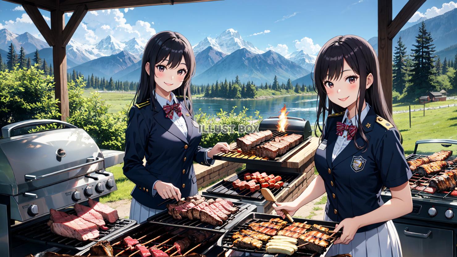 女子高生　イラスト夏休みにキャンプでバーベキュー