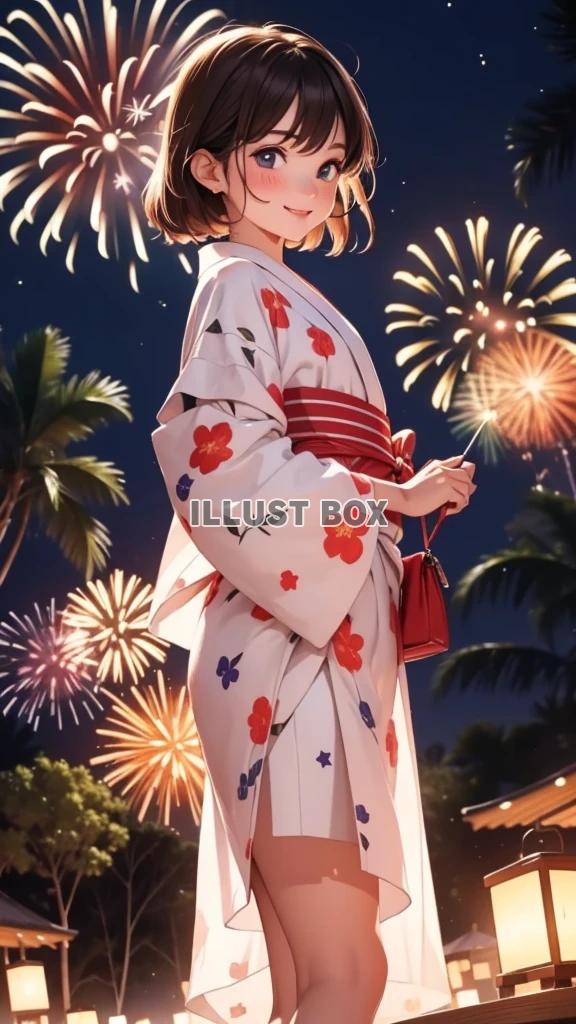 女子高生　イラスト　 夏休みと 花火