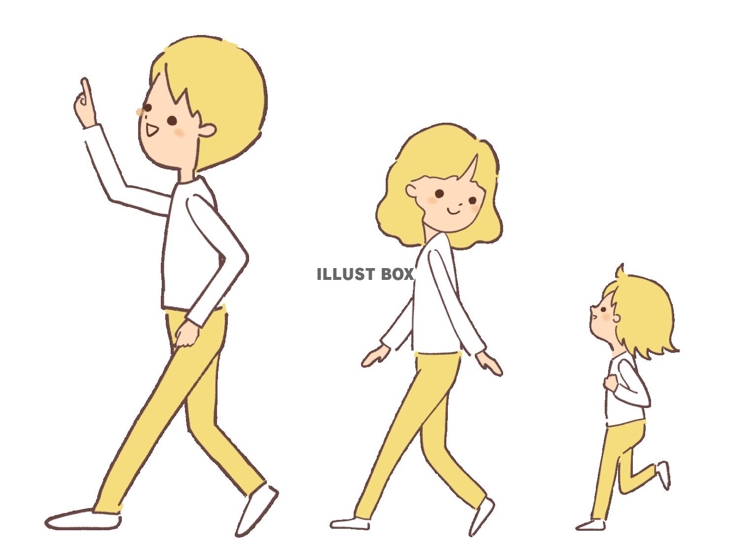 散歩を楽しむ家族のイラスト