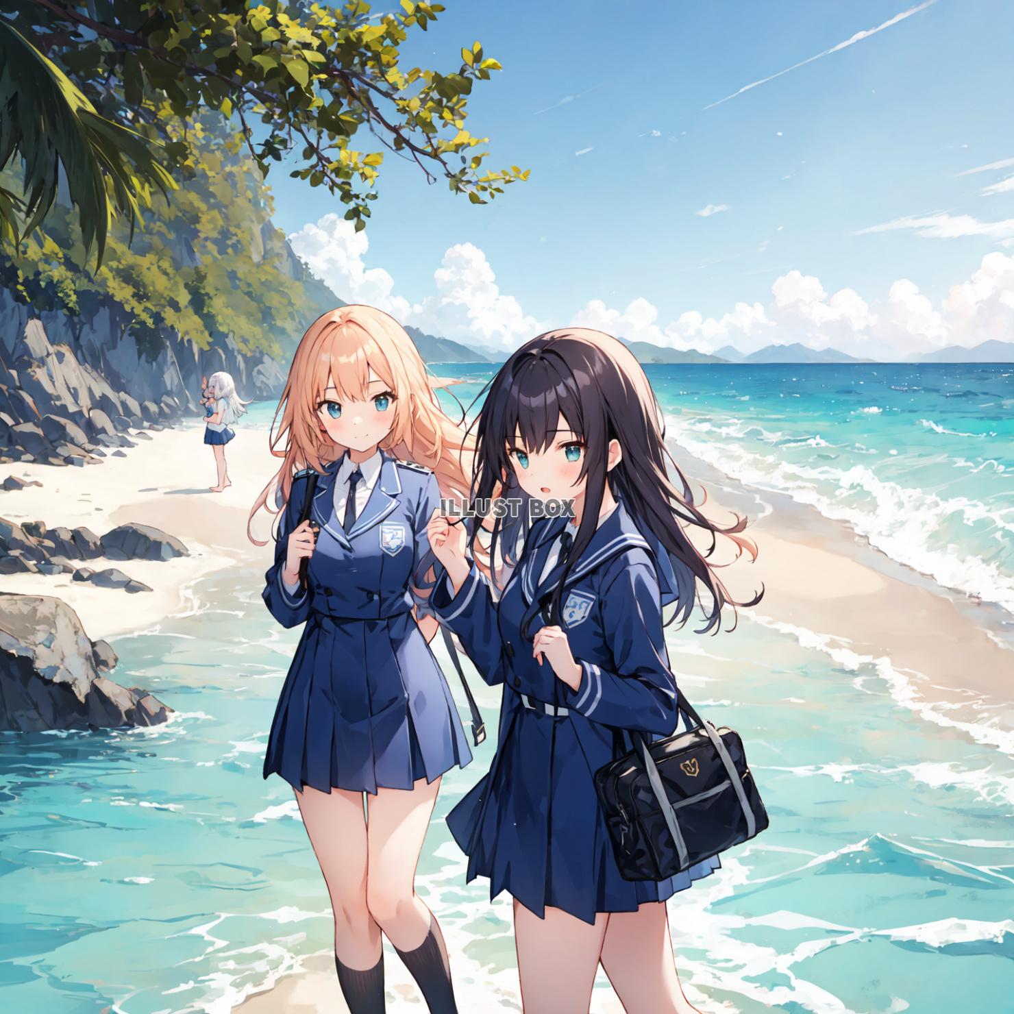 女子高生　イラスト　 夏休みに海水浴