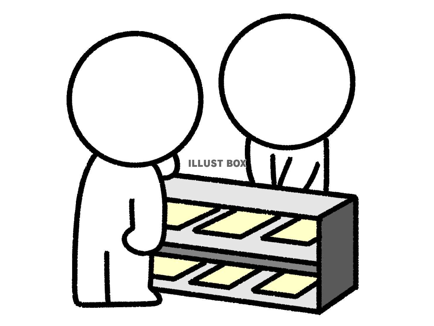 販売員の棒人間とお客さんの棒人間