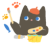 パレットと筆を持って絵を描く黒猫