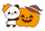 カボチャのおばけに抱きつく仮装したパンダ