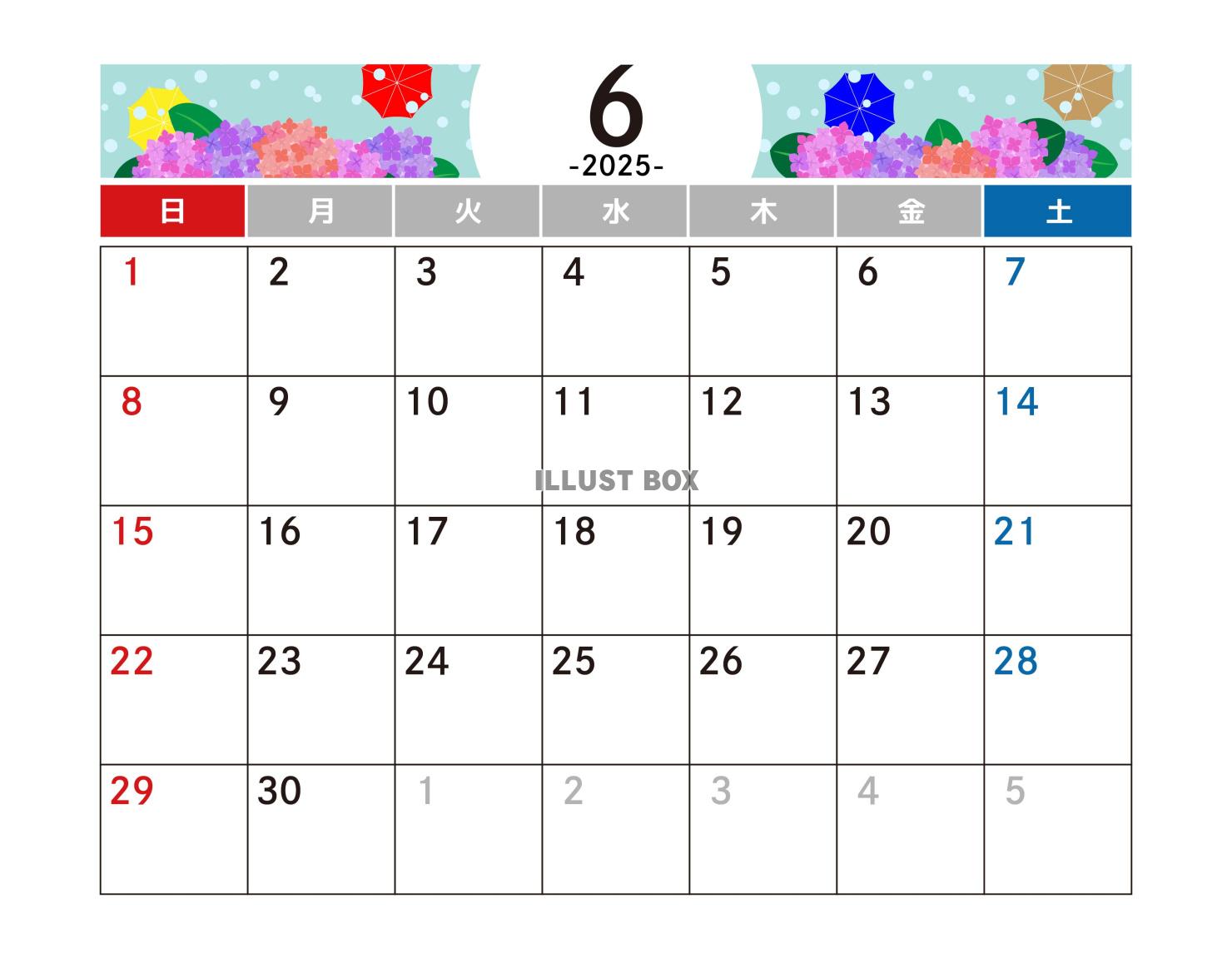 6月 カレンダー　2025年　令和7年　A4横