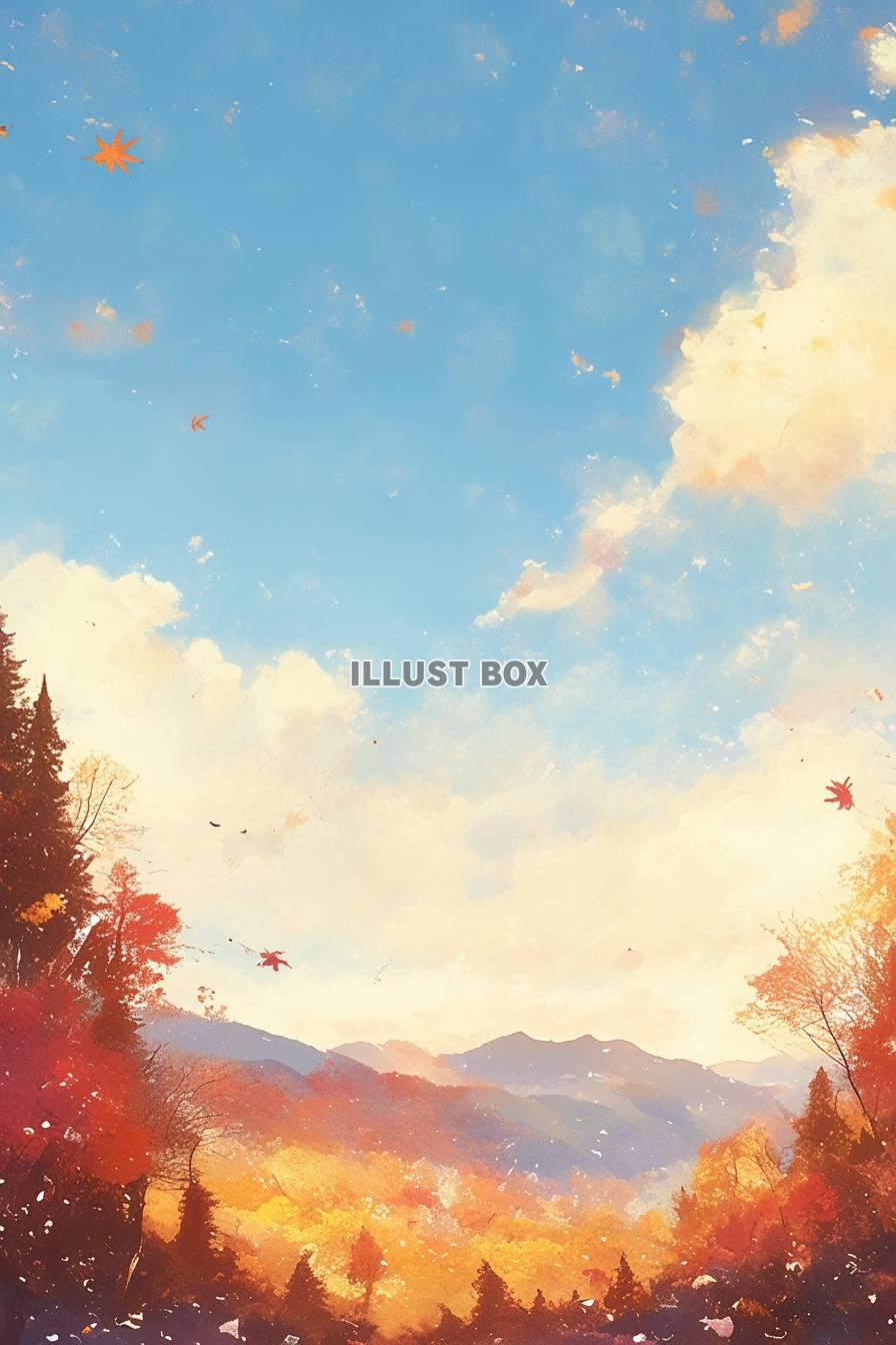 秋の背景や挿絵に使いやすい絵本の様な紅葉の山の水彩イラスト