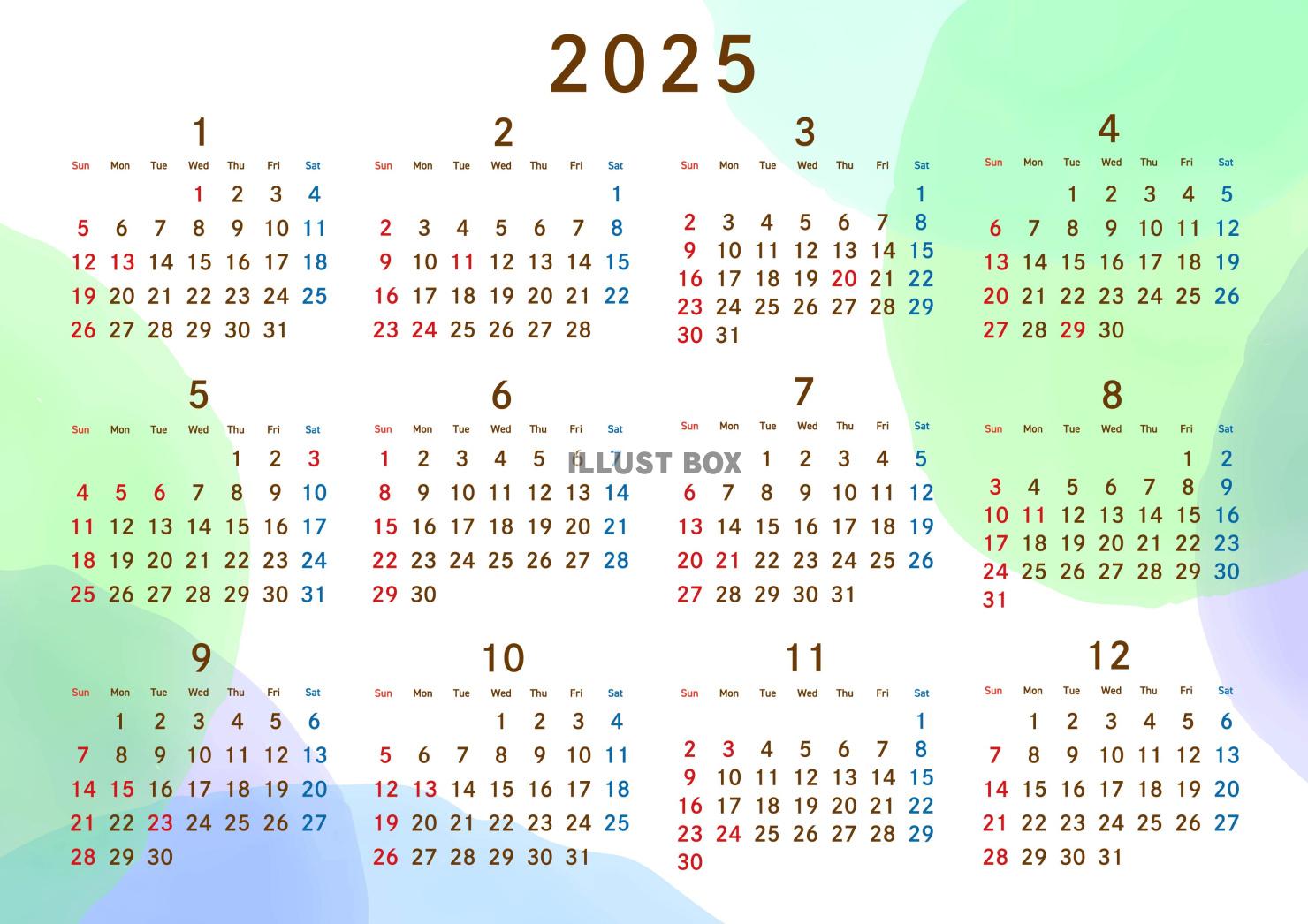 2025年　年間カレンダー 青系水彩 令和7年　A4横
