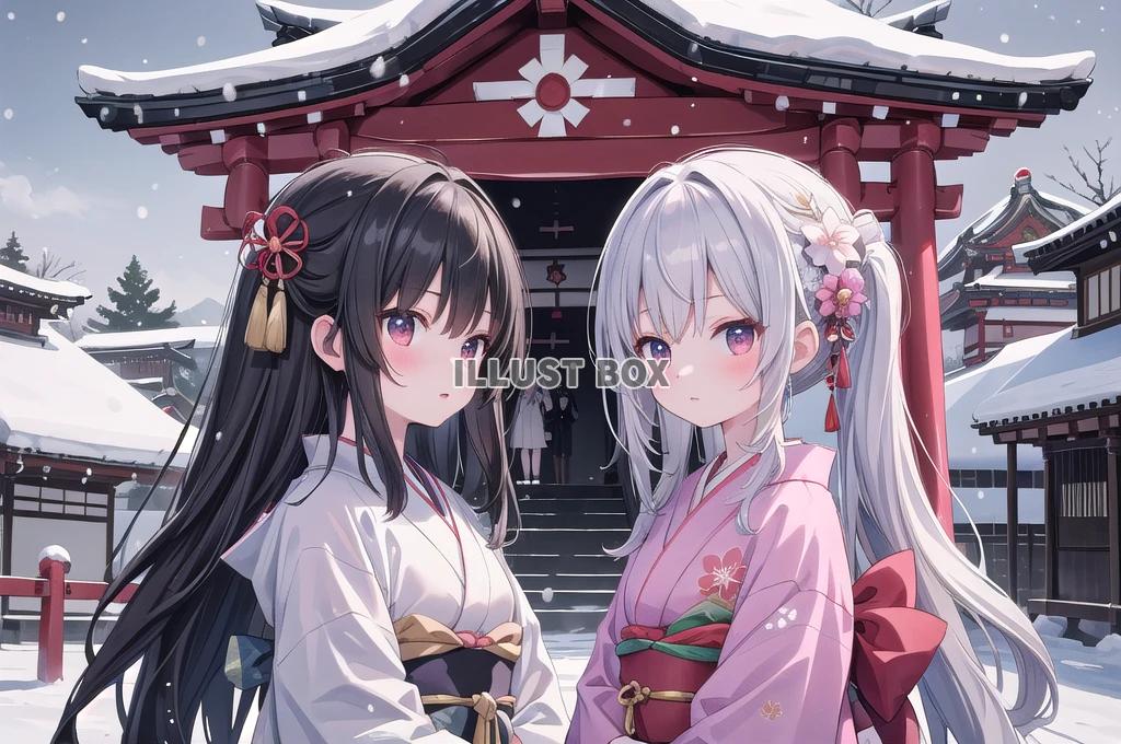 着物姿の女性　イラスト　元旦に初詣　女子高生　No1257