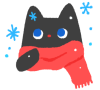 初雪とマフラーを巻いた黒猫(透過png)
