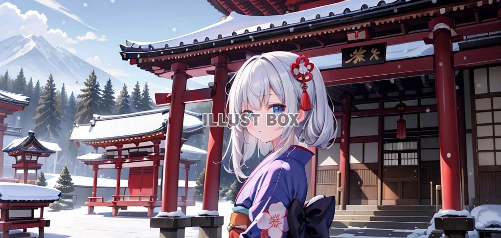 着物姿の女性　イラスト　元旦に初詣　No43