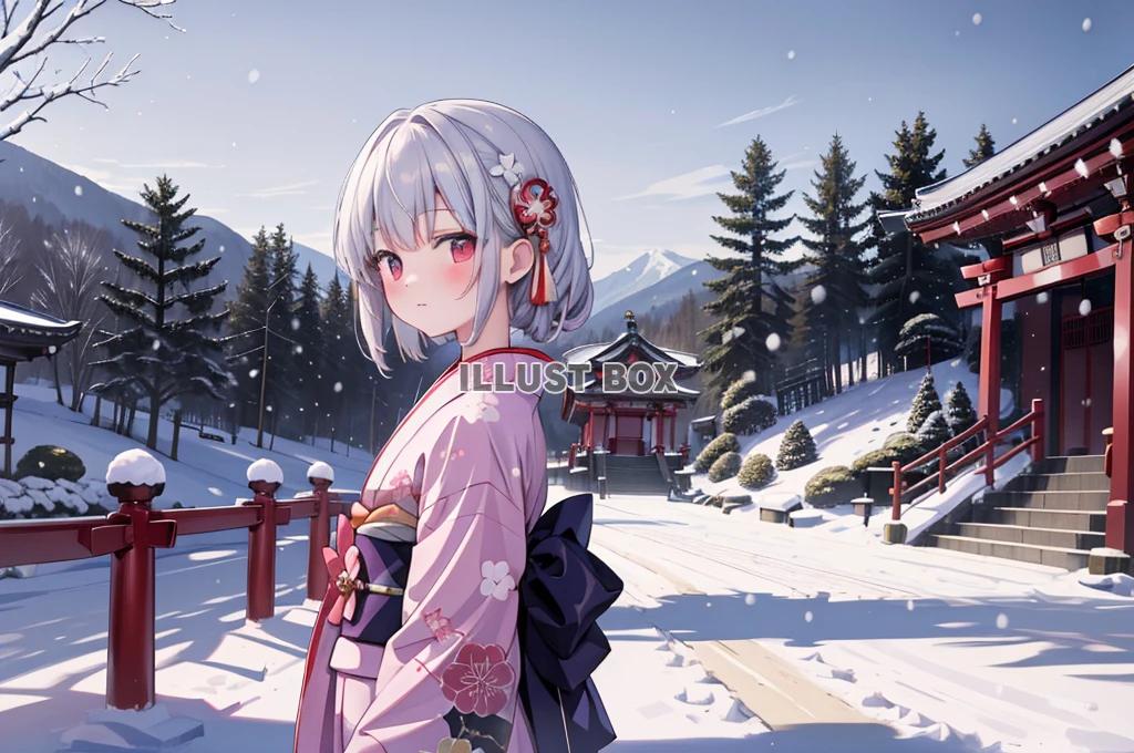 着物姿の女性　イラスト　元旦に初詣　No55