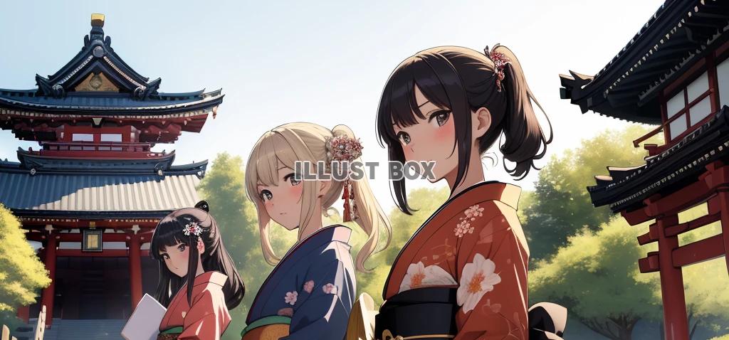 着物姿の女性　イラスト　元旦に初詣　No70