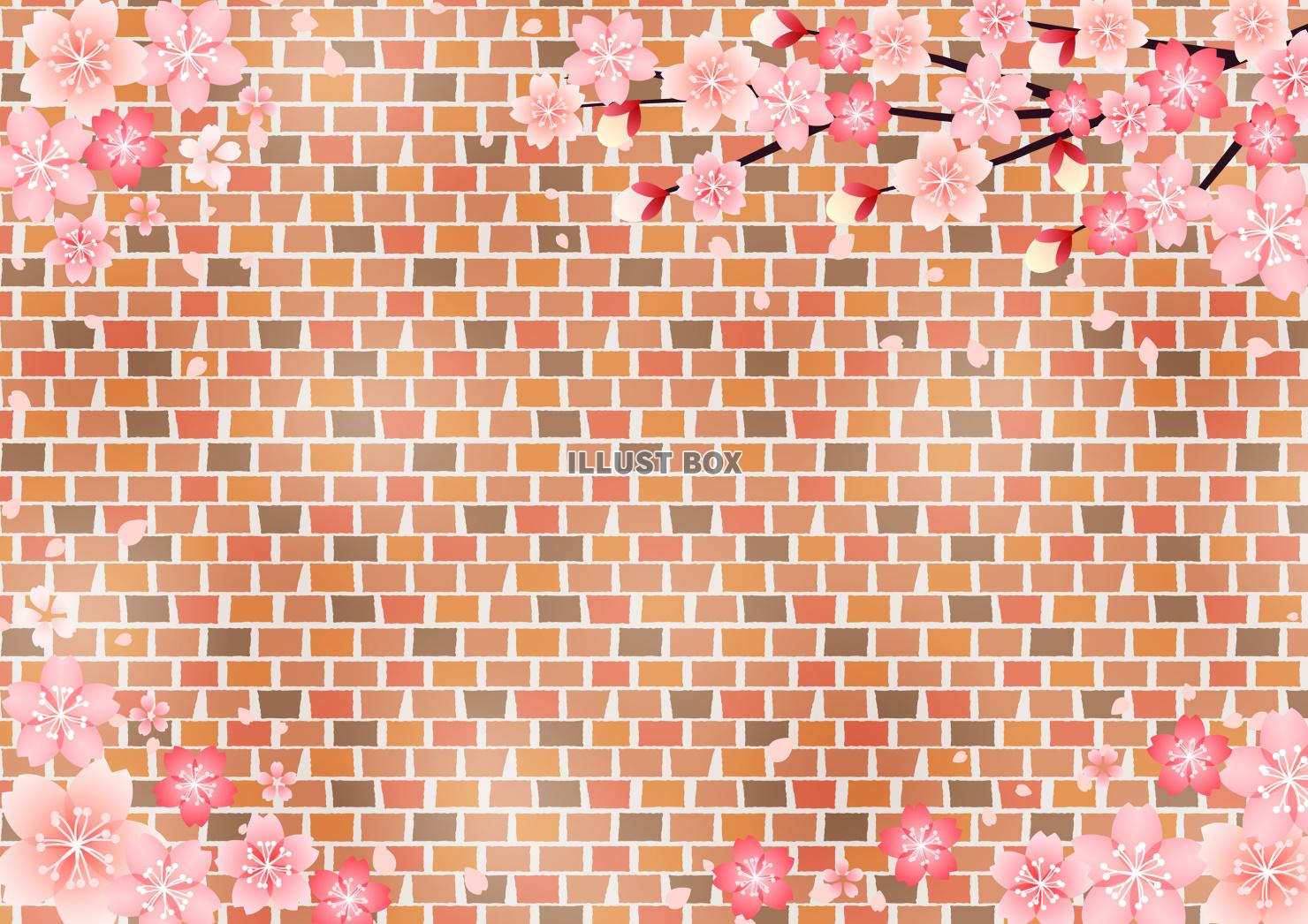 桜と煉瓦外壁のフレーム背景ヨコ