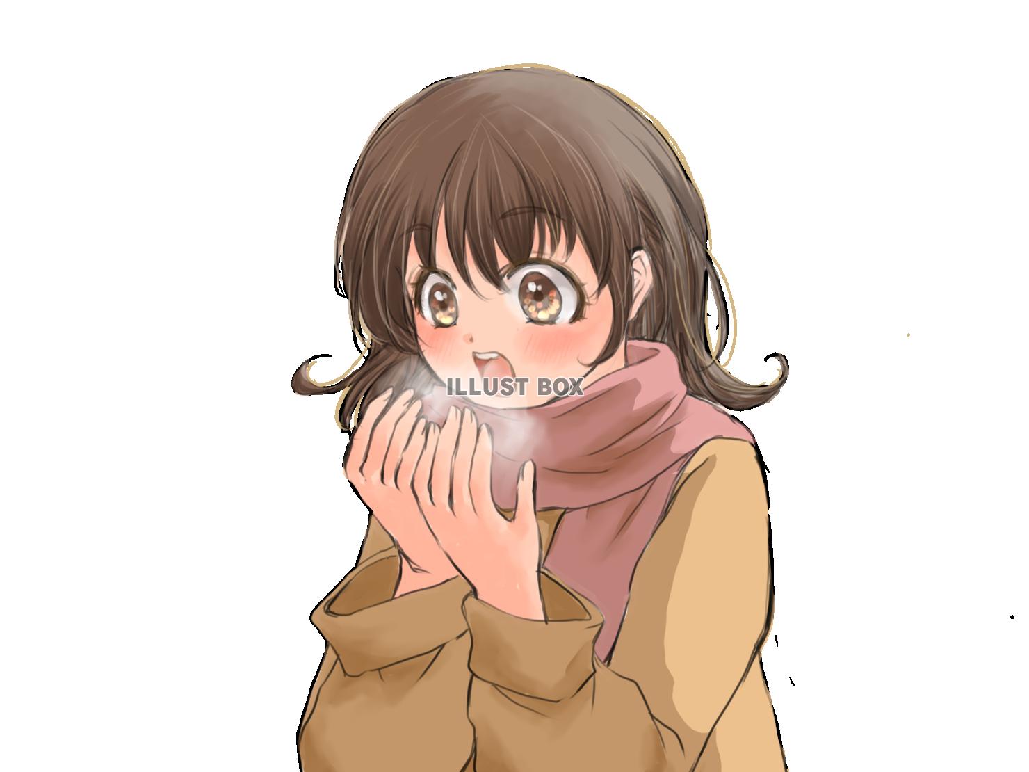 寒くて手に息を吹きかける女の子