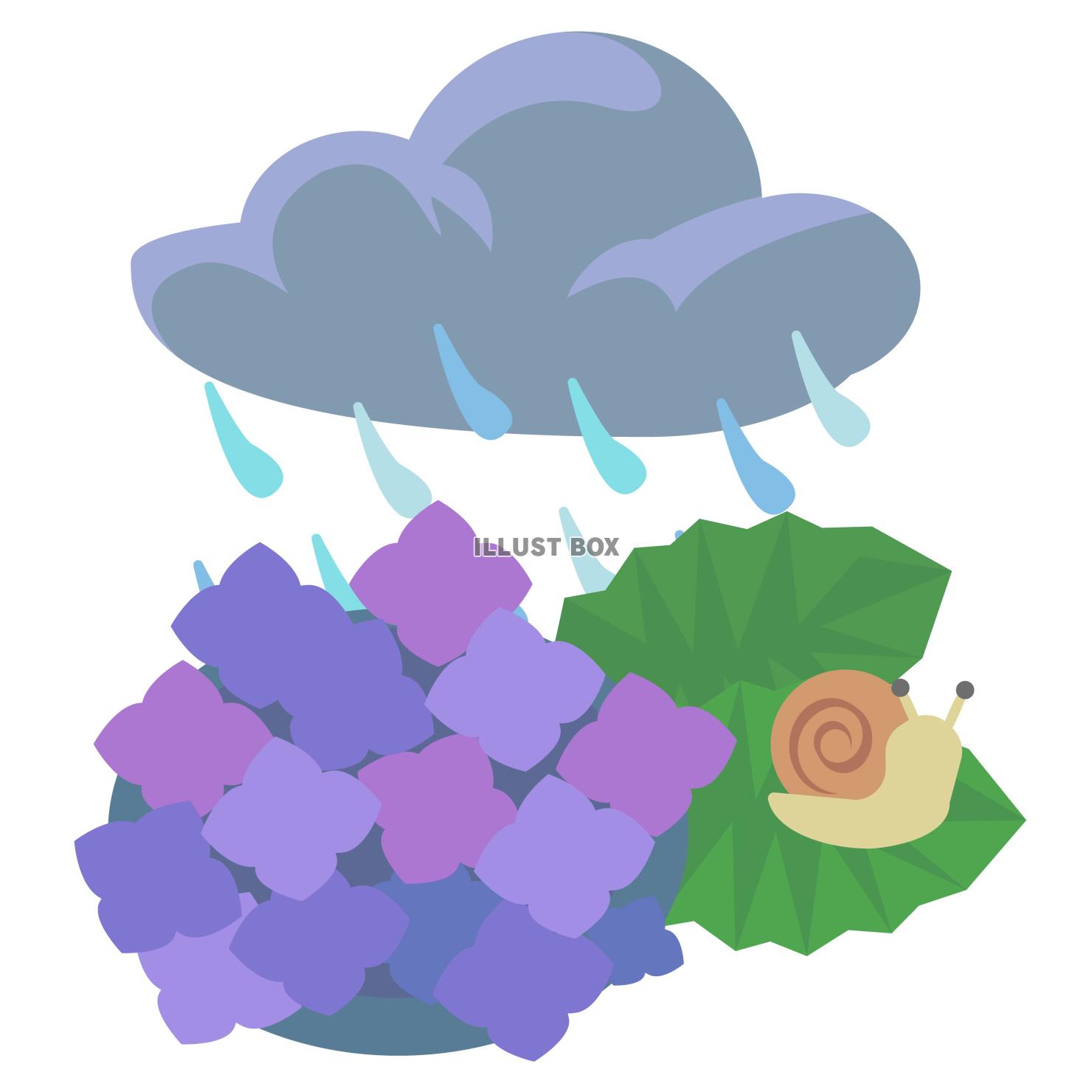 アジサイと降雨とかたつむり　ベクターイラスト