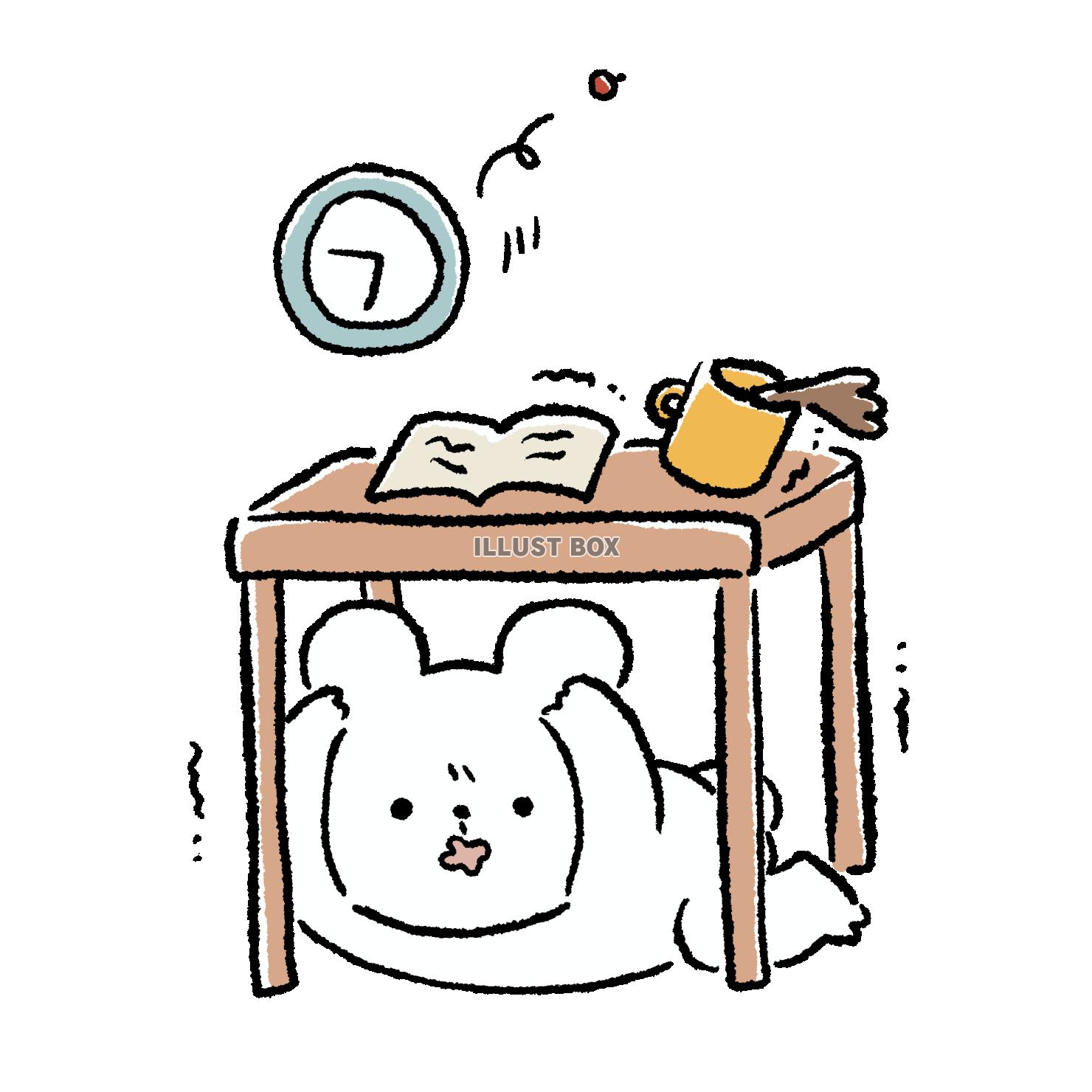 地震と机の下に隠れるくま