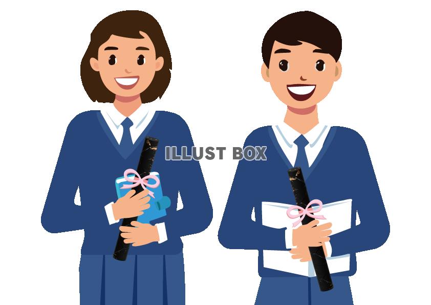 卒業式の卒業証書を持った男の子と女の子の学生