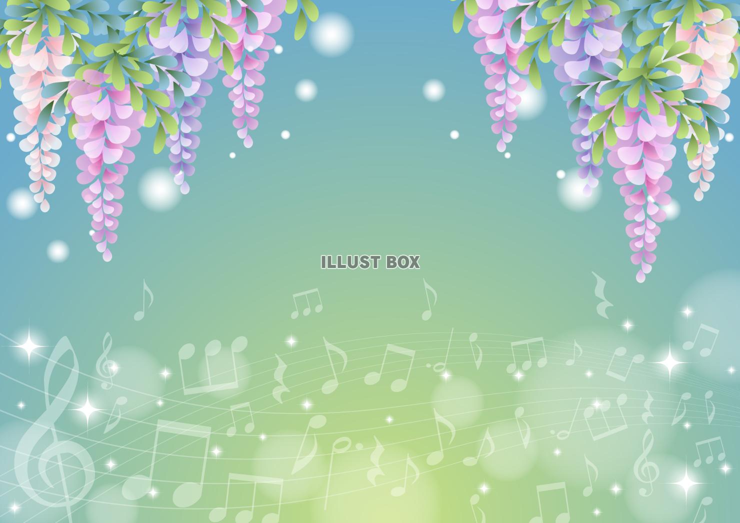 藤の花のほわほわ和風春背景ヨコ音符つき・緑