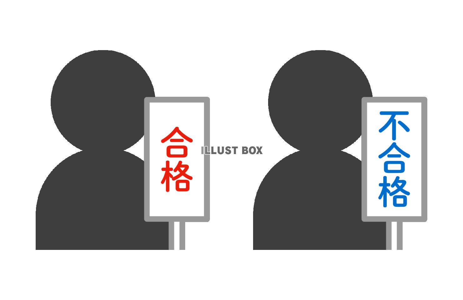 合格、不合格札を持つ人物