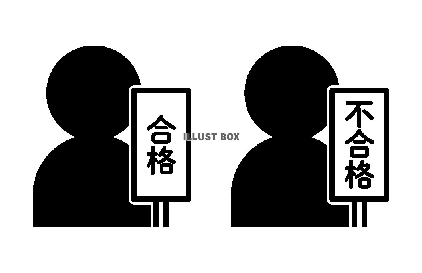 合格、不合格札を持つ人物