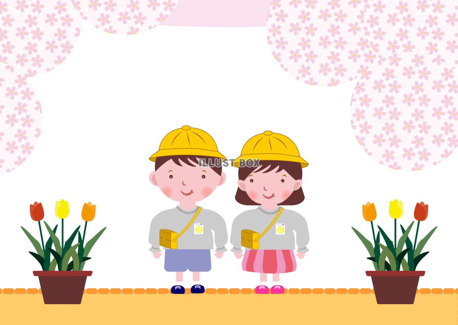幼稚園の男の子と女の子の黄色い帽子を被った園児