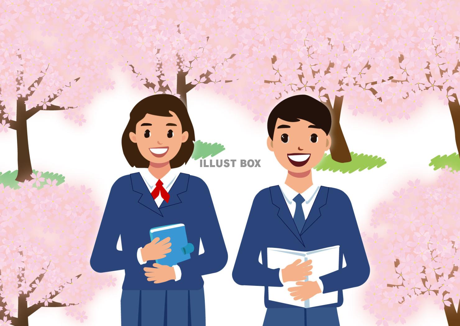 桜の木の背景の男子学生と女子生徒のイラスト