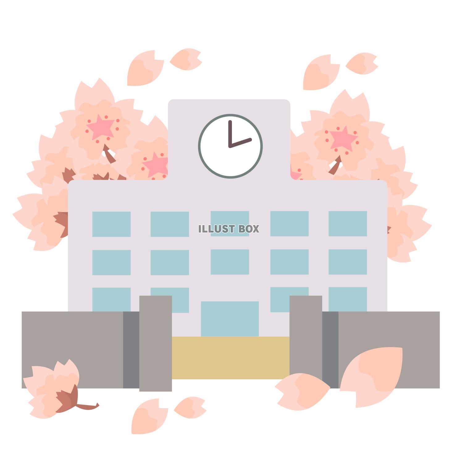 背後に桜満開の学校　ベクターイラスト