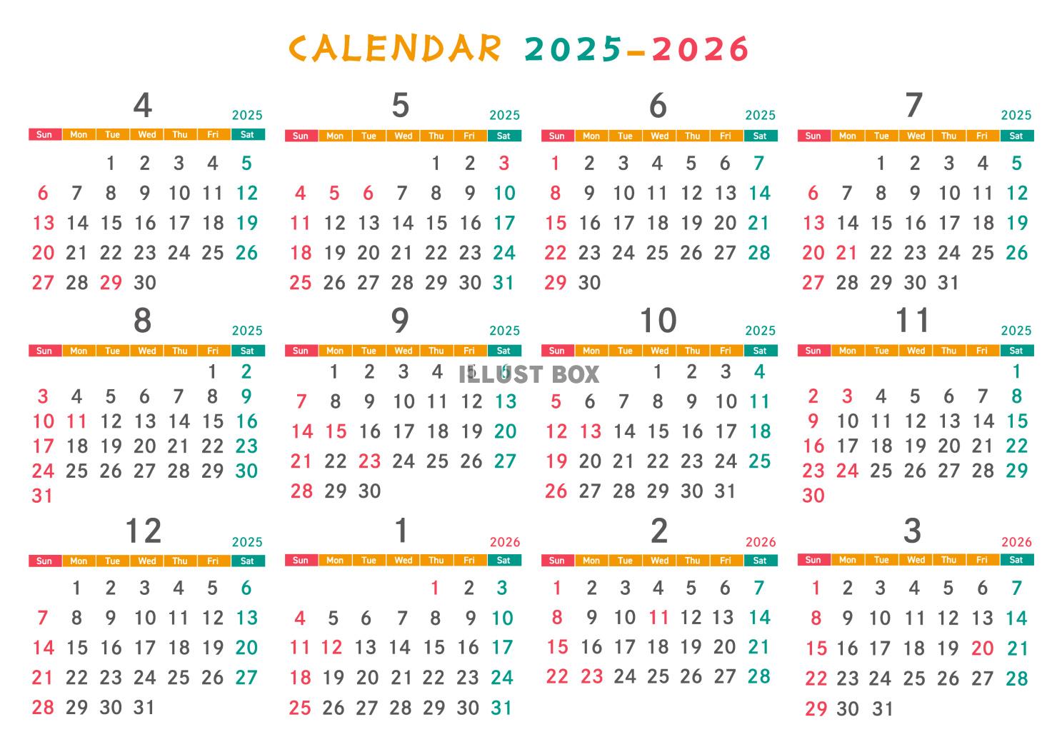 2025年4月はじまりカレンダー　カラフル