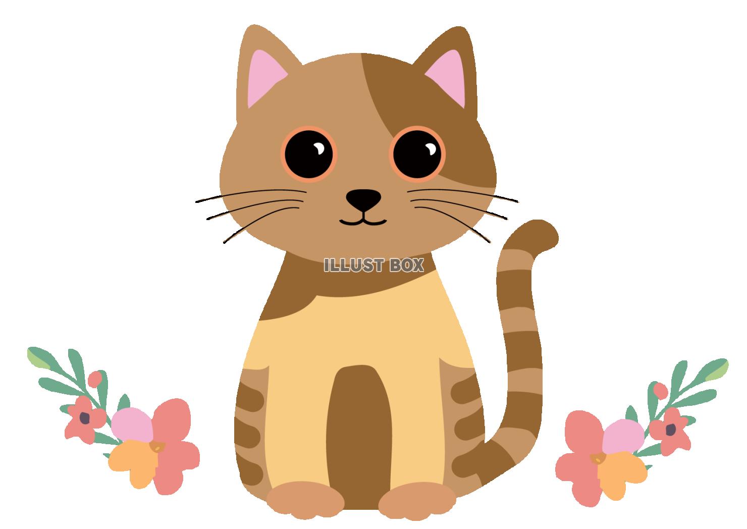 茶色のぶちの可愛い猫とお花の動物イラスト