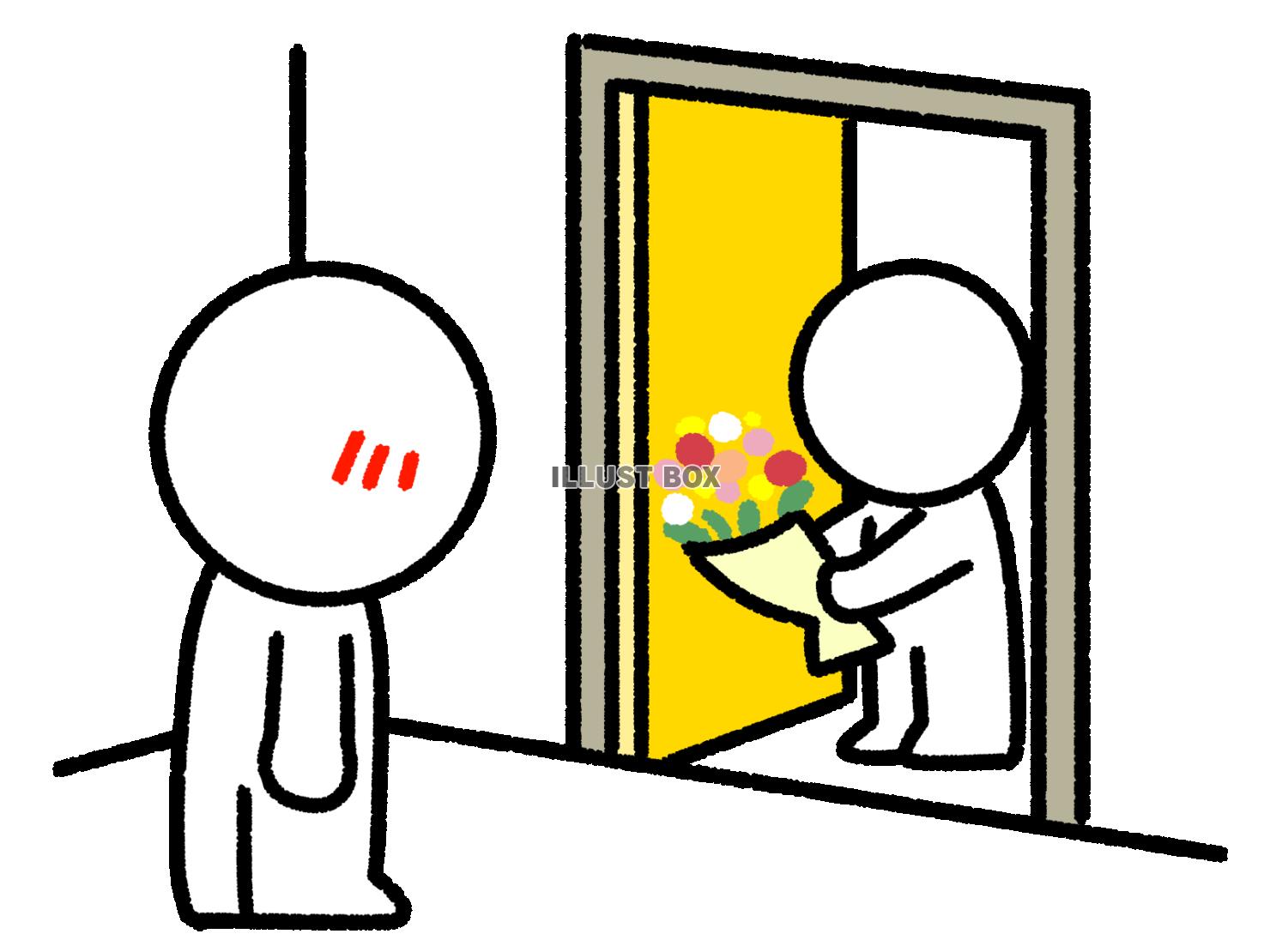 扉を開けるて花束を渡す棒人間