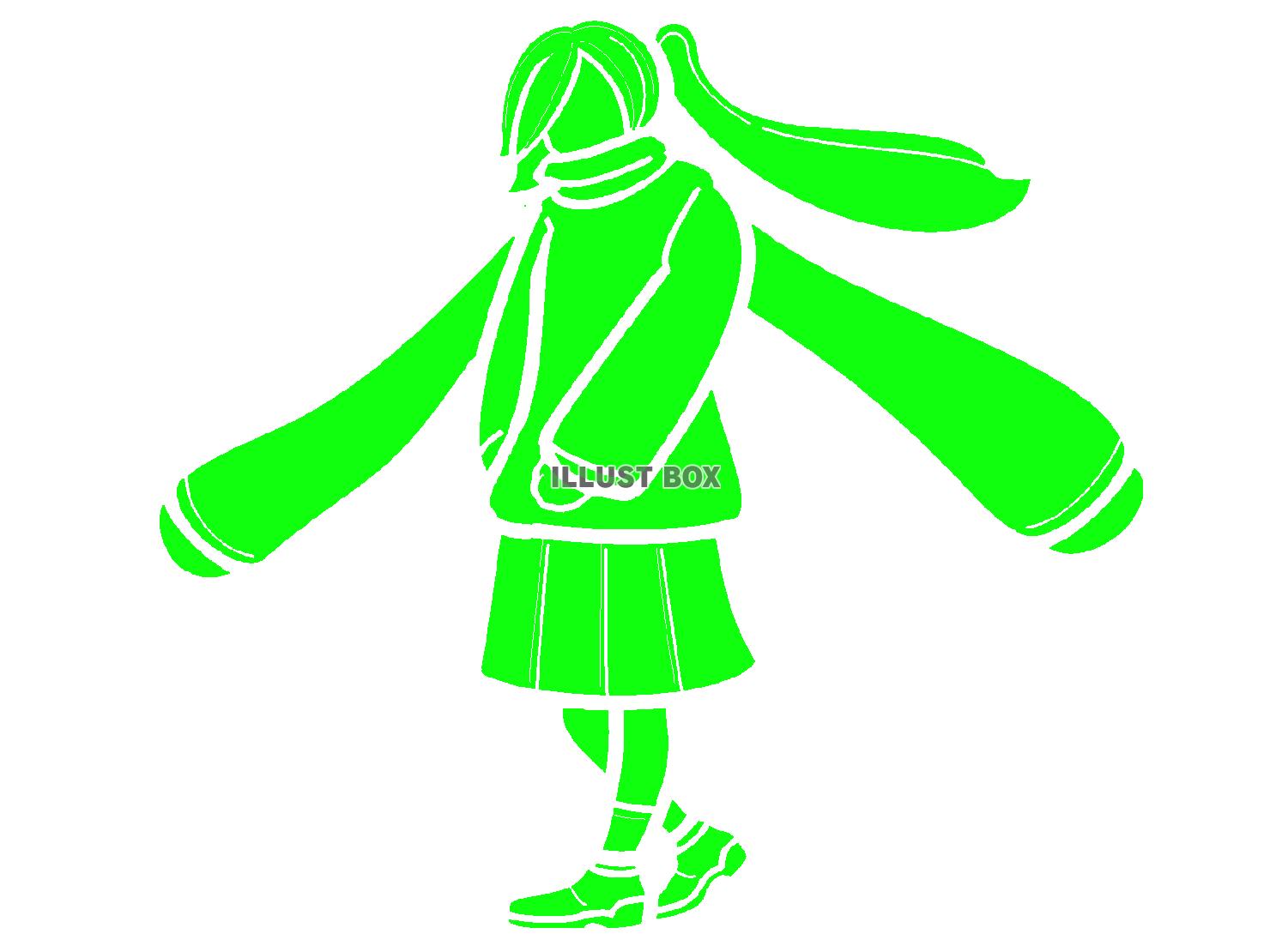 緑色の長めのマフラーを巻いた女子生徒のシルエット