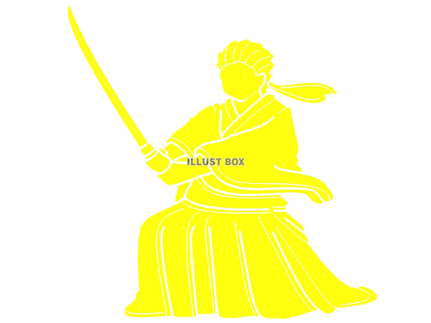 黄色の刀を構える侍のシルエット