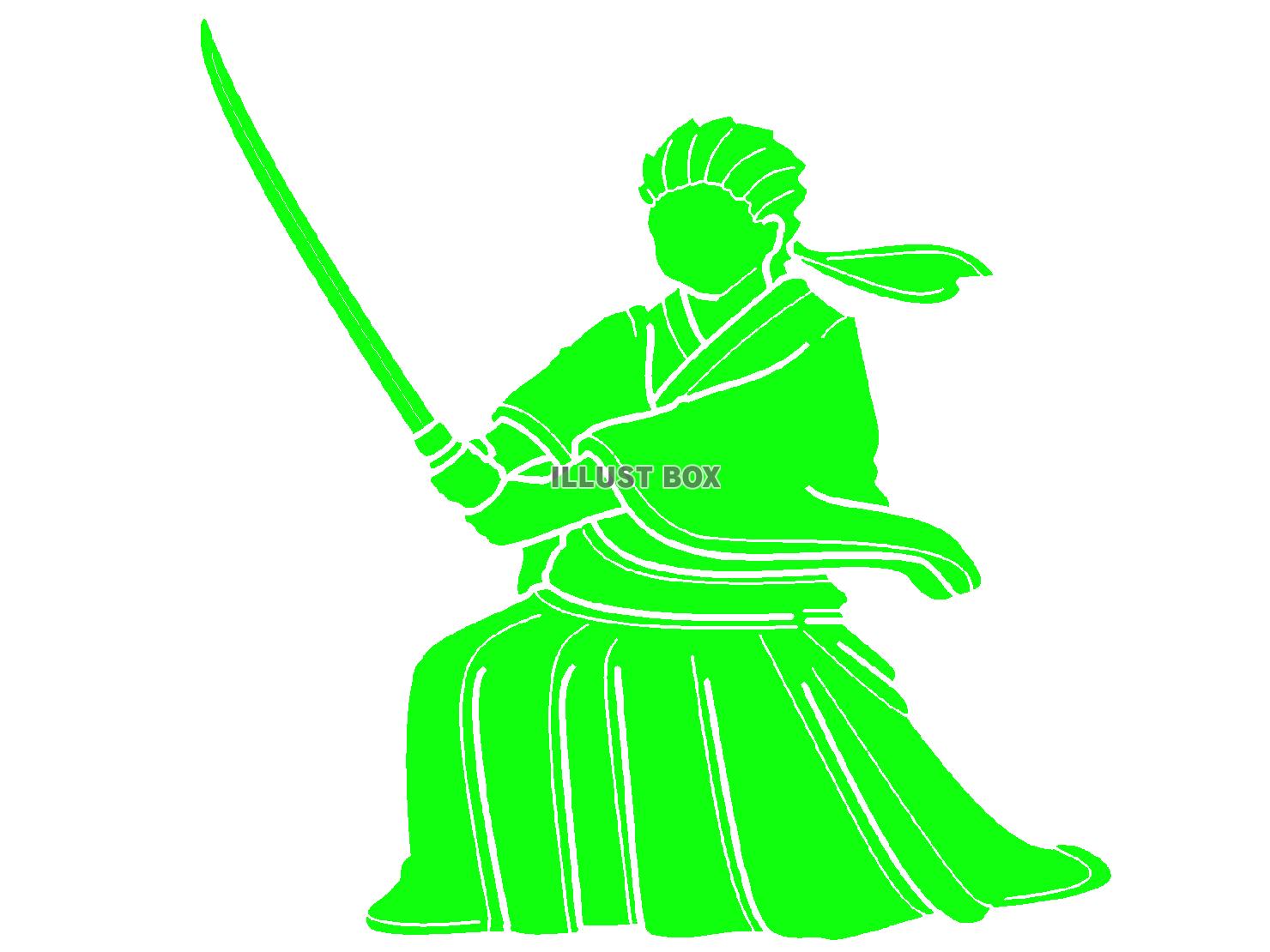 緑色の刀を構える侍のシルエット
