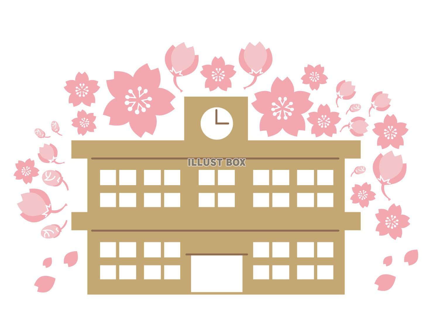 桜の花に囲まれた学校　ベクターイラスト
