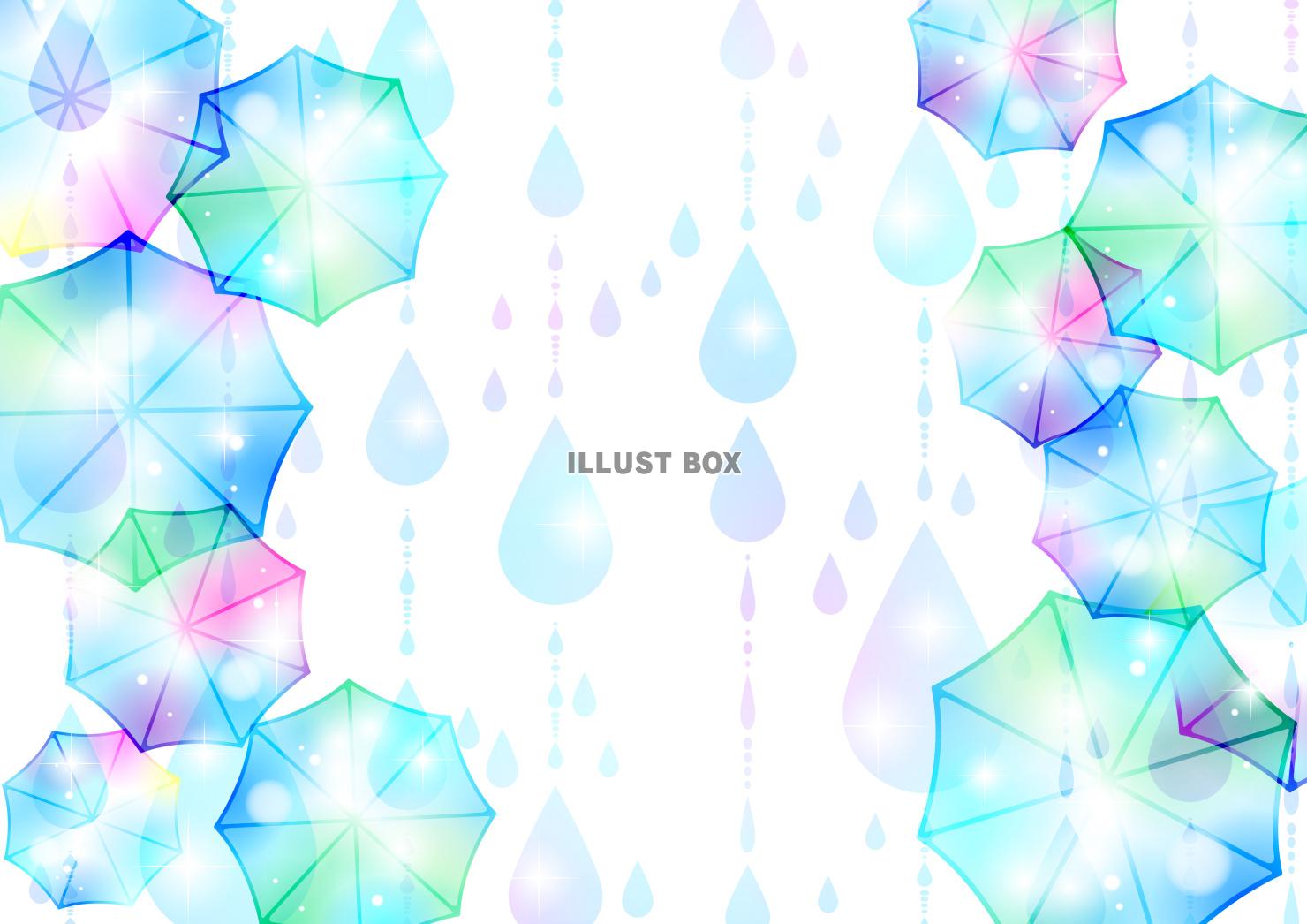 虹色の雨と傘の梅雨背景ヨコ