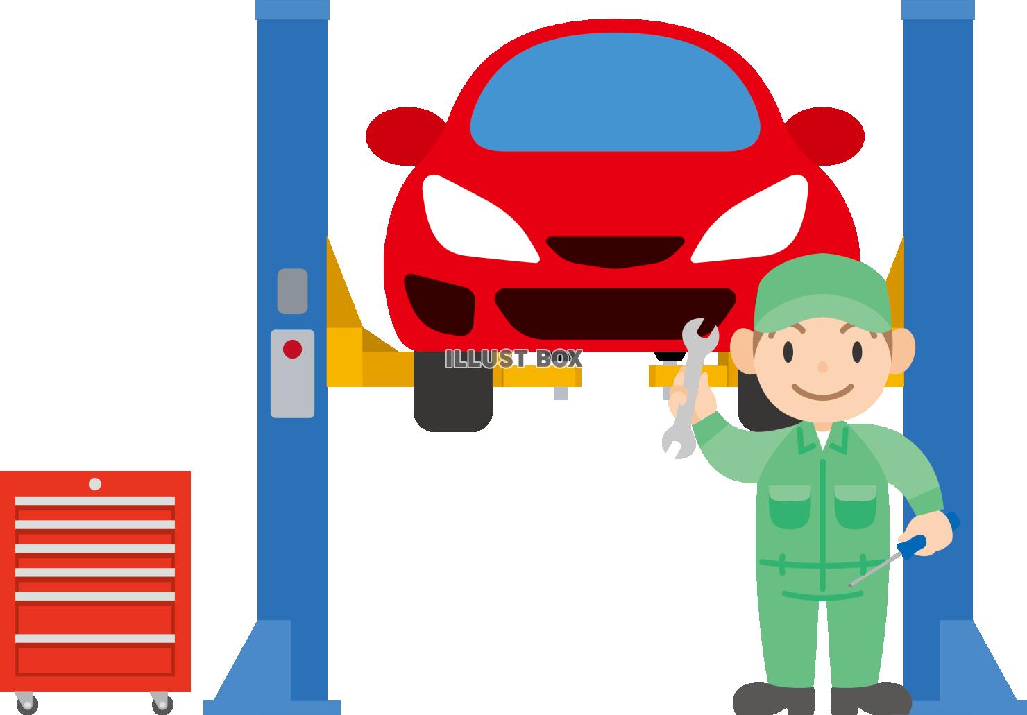  自動車整備工場のカーリフトとメカニック 