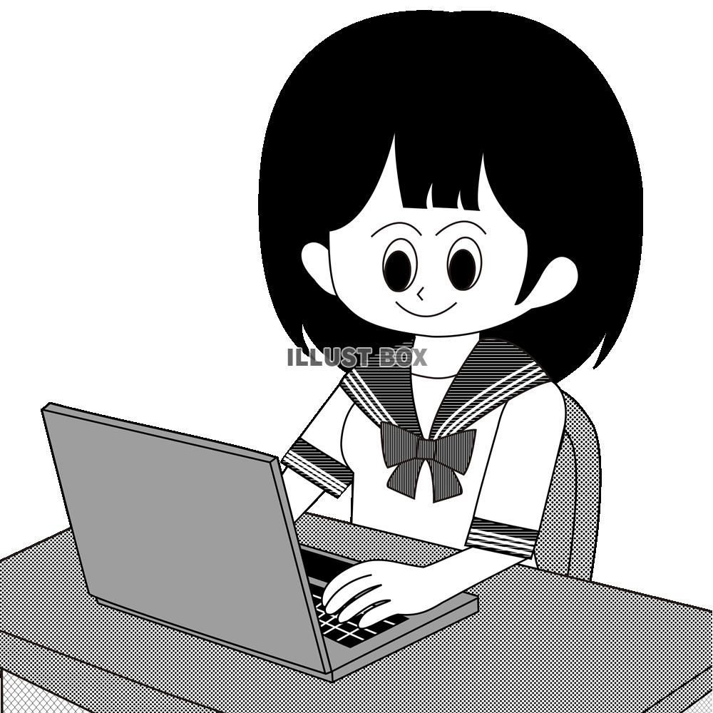パソコンで勉強するセーラー服を着た女子学生（白黒）