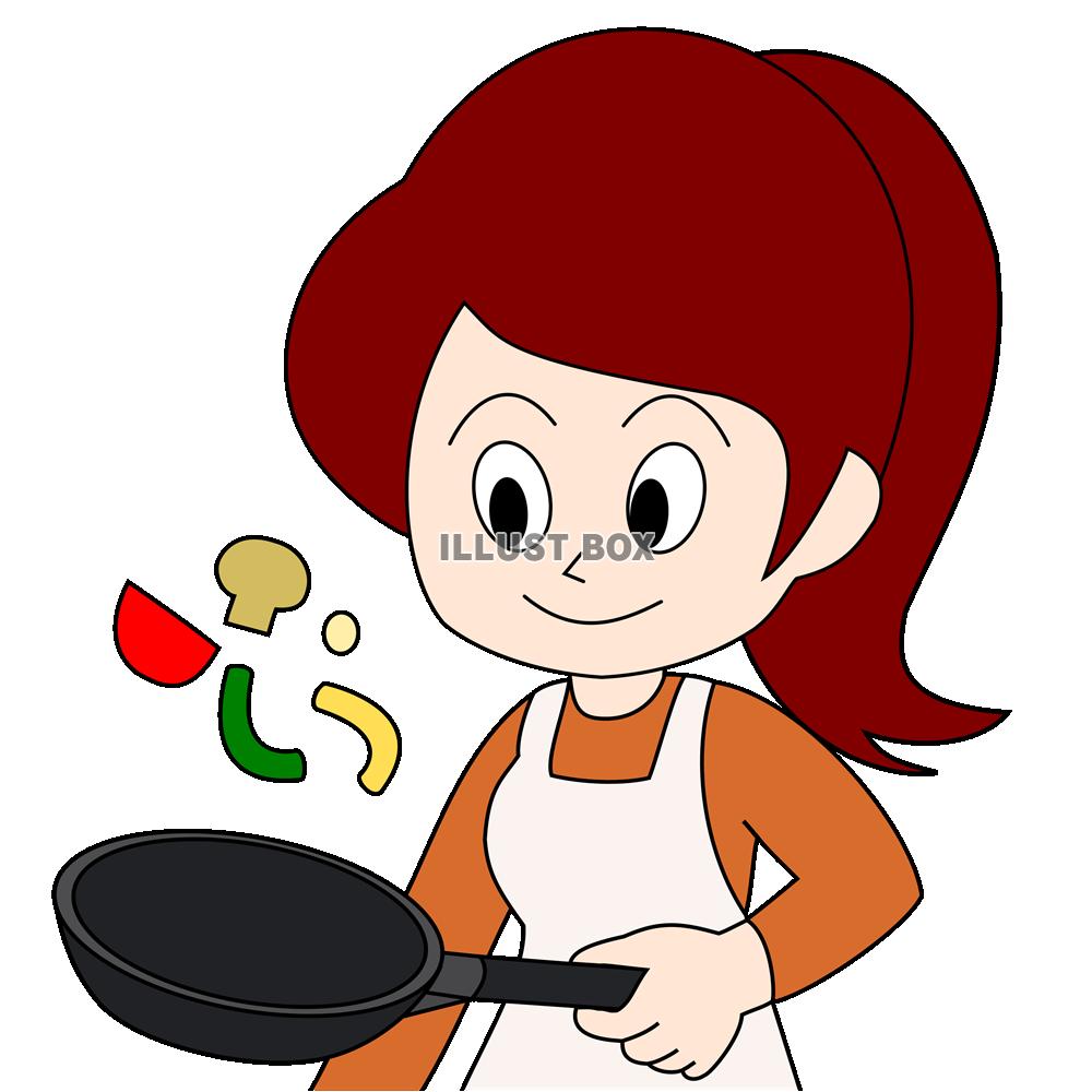 フライパンを持って料理する女性