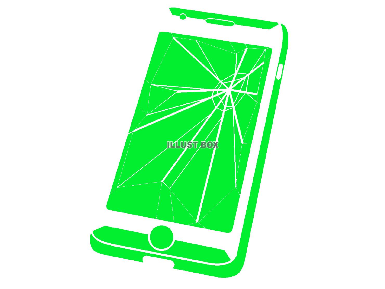 緑色の画面がひび割れたスマホのシルエット