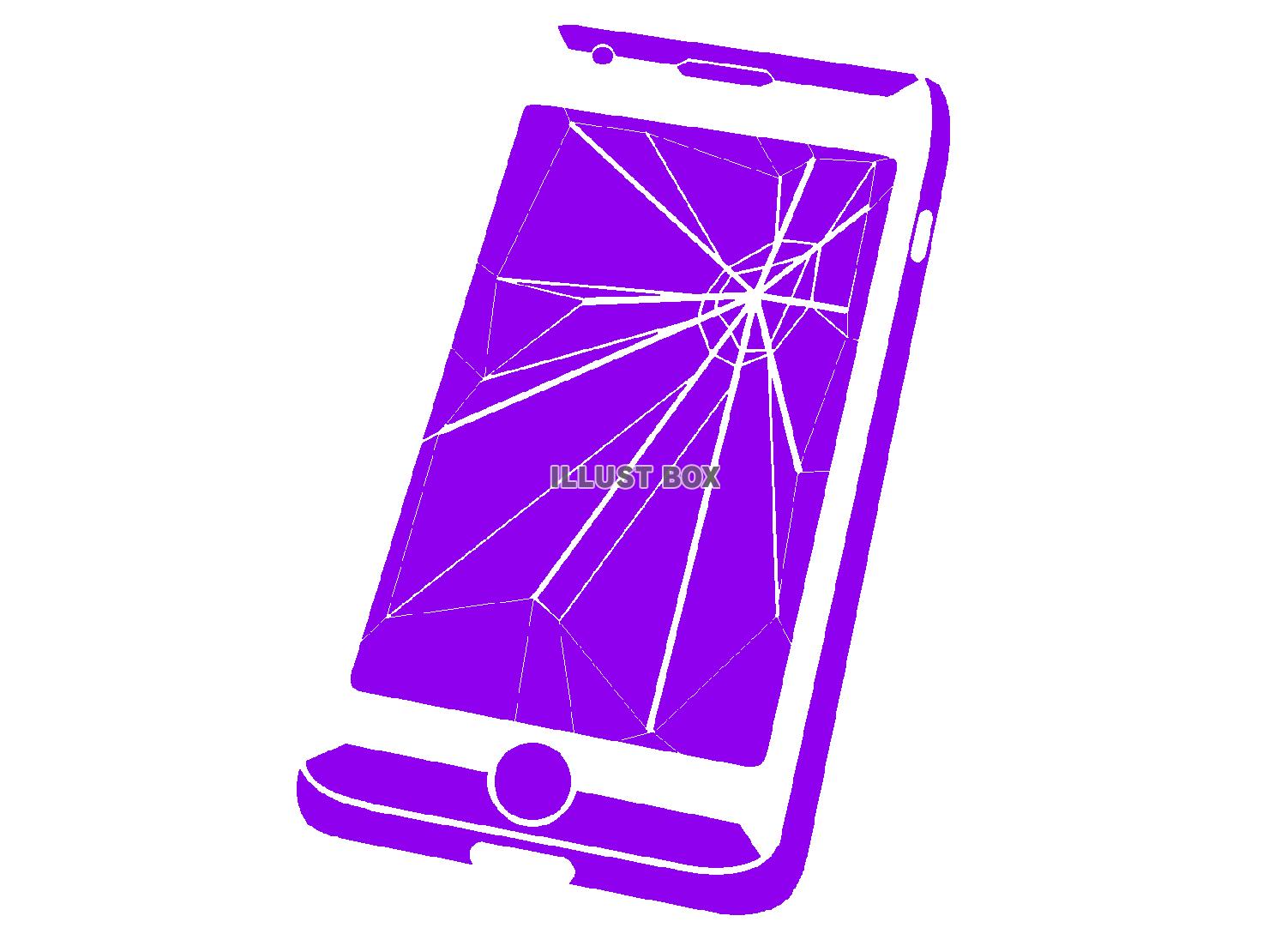 紫色の画面がひび割れたスマホのシルエット