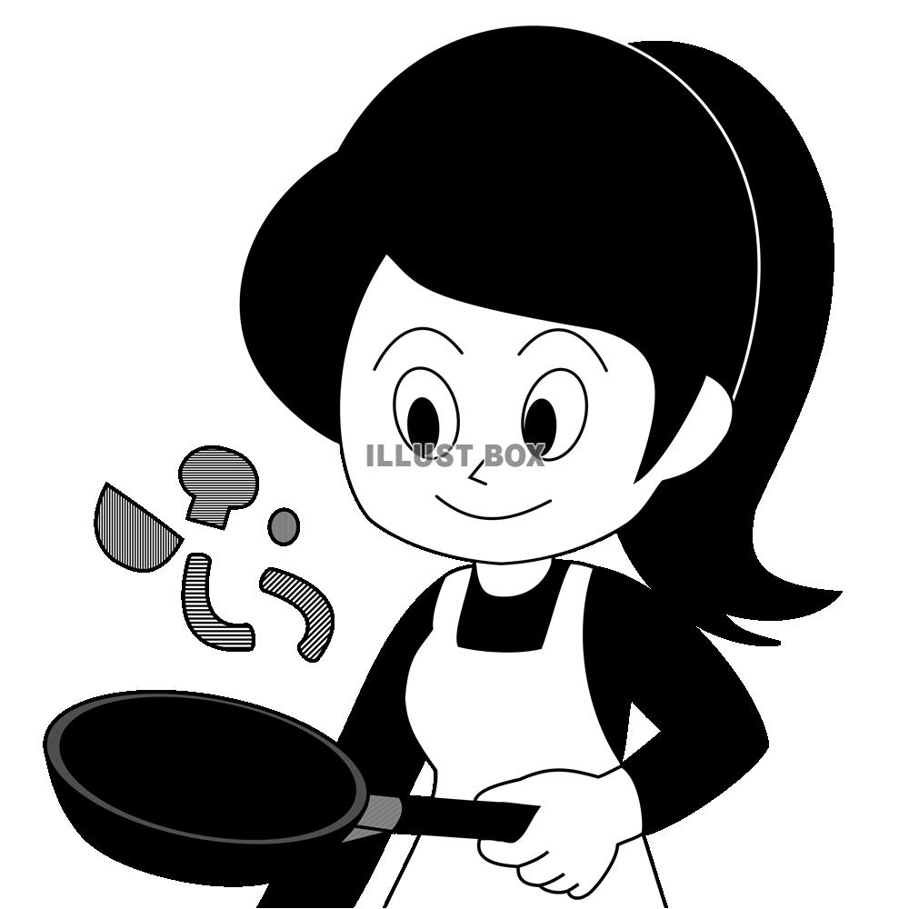 フライパンを持って料理する女性（白黒）