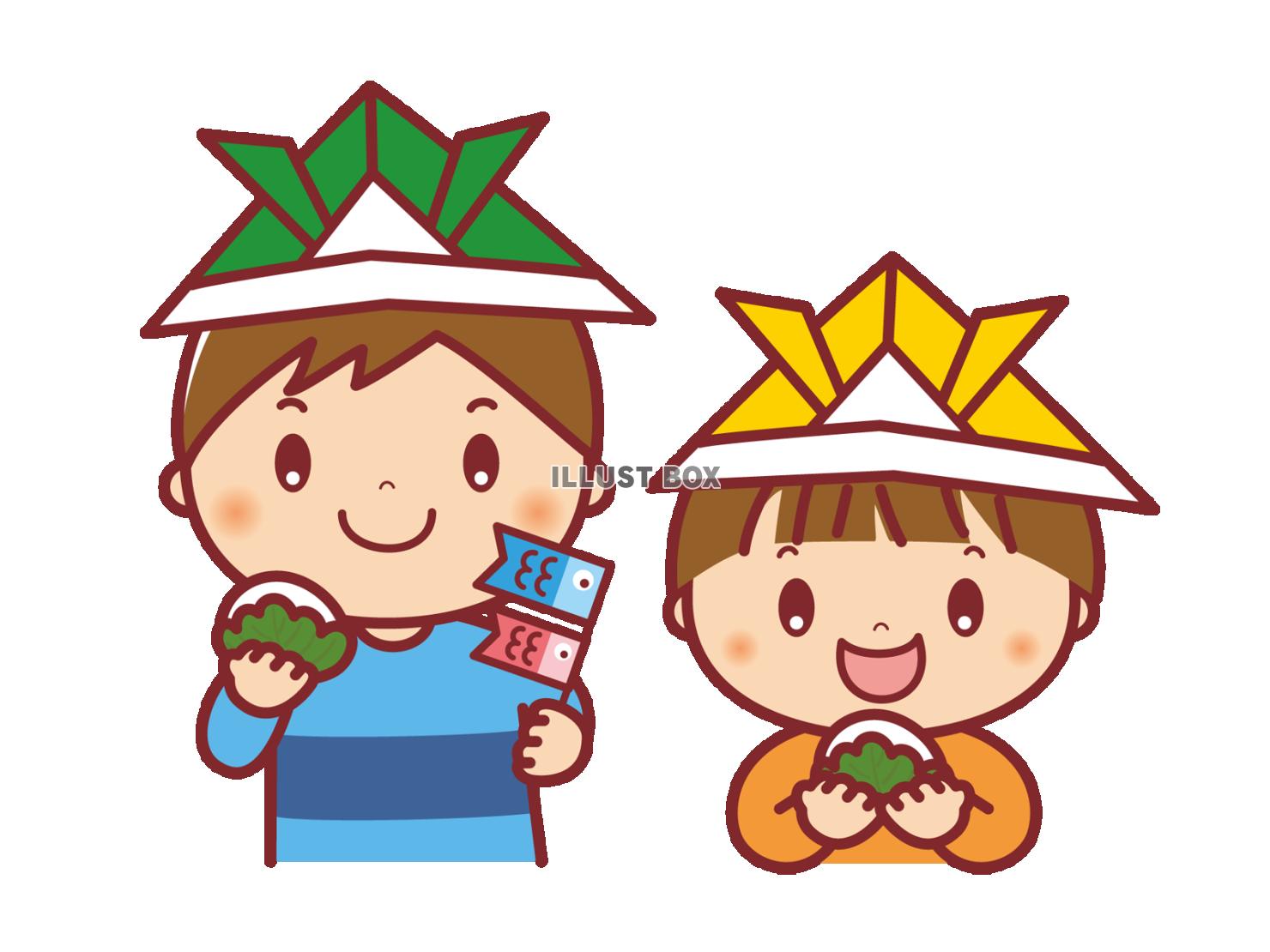 折り紙の兜をかぶった兄弟のイラスト