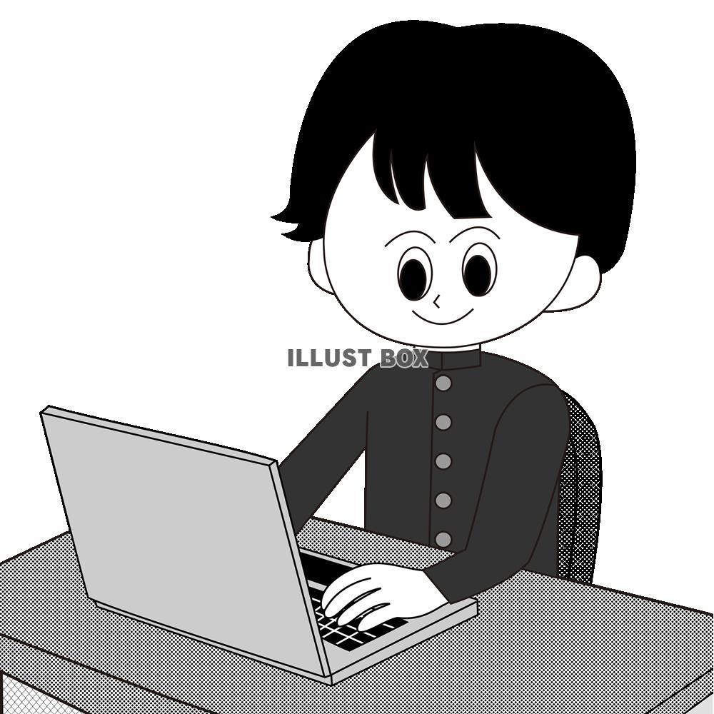 パソコンで勉強する学生服を着た男子学生（白黒）